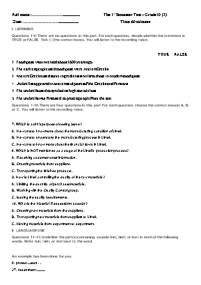 Đề kiểm tra học kì I môn Tiếng Anh Lớp 10 (Có đáp án)